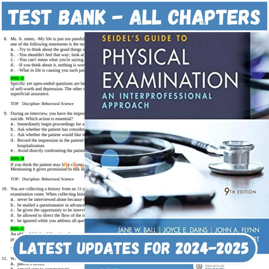 Test Bank Seidels Guide to Physical Examination 9th Edition Jane Ball | All Chapters Included