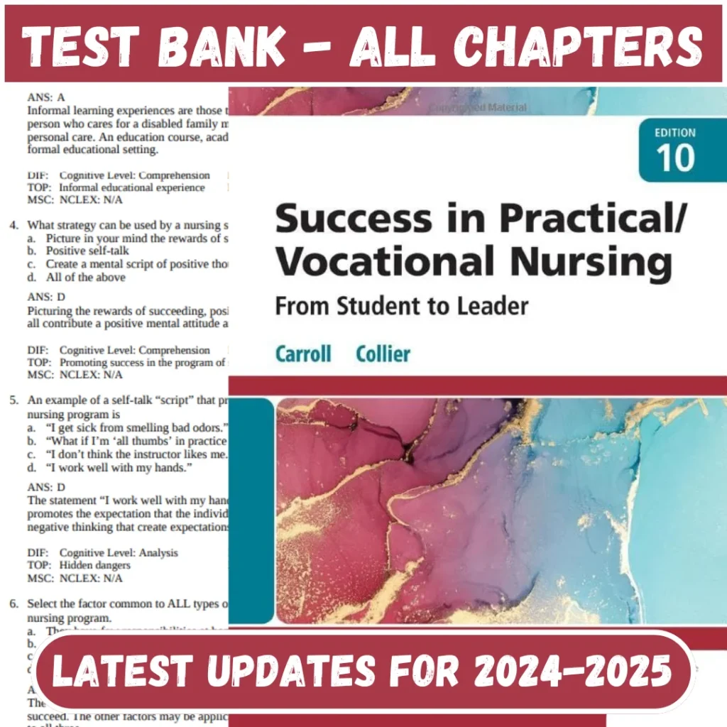 Test Bank Success in Practical/Vocational Nursing 10th Edition by Janyce L. Carroll | All Chapters Included