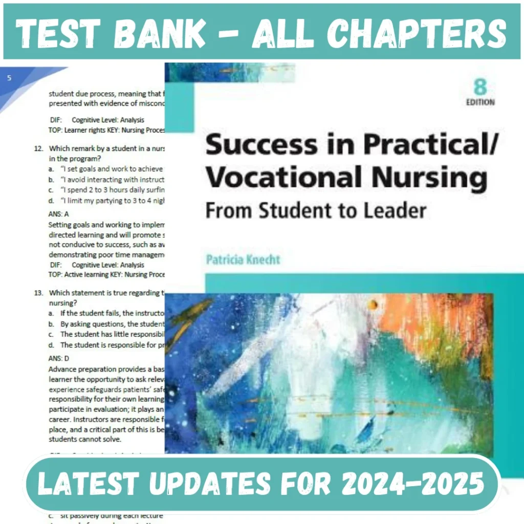 Test Bank Success In Practicalvocational Nursing 8th Edition By Knecht | All Chapters Included