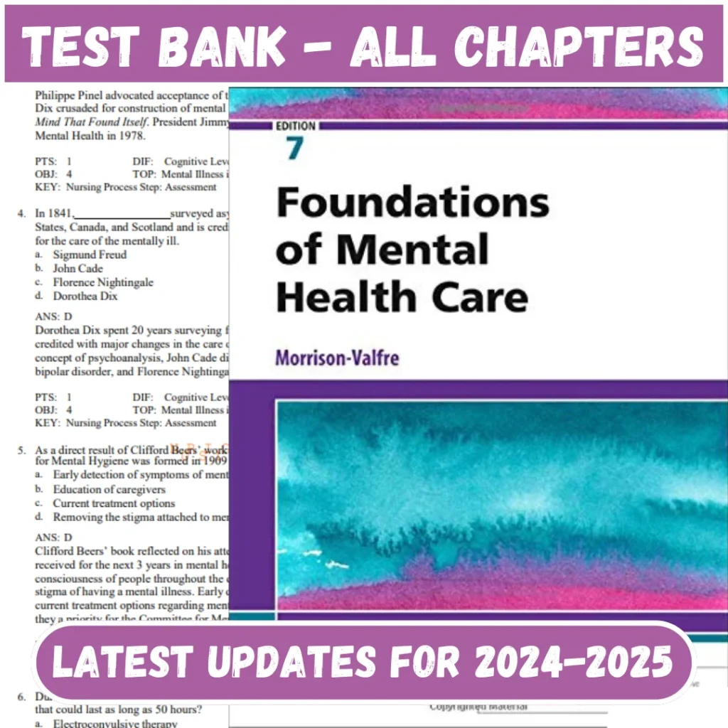 Test Bank Foundations of Mental Health Care, 7th Edition By Morrison-Valfre | All Chapters Included