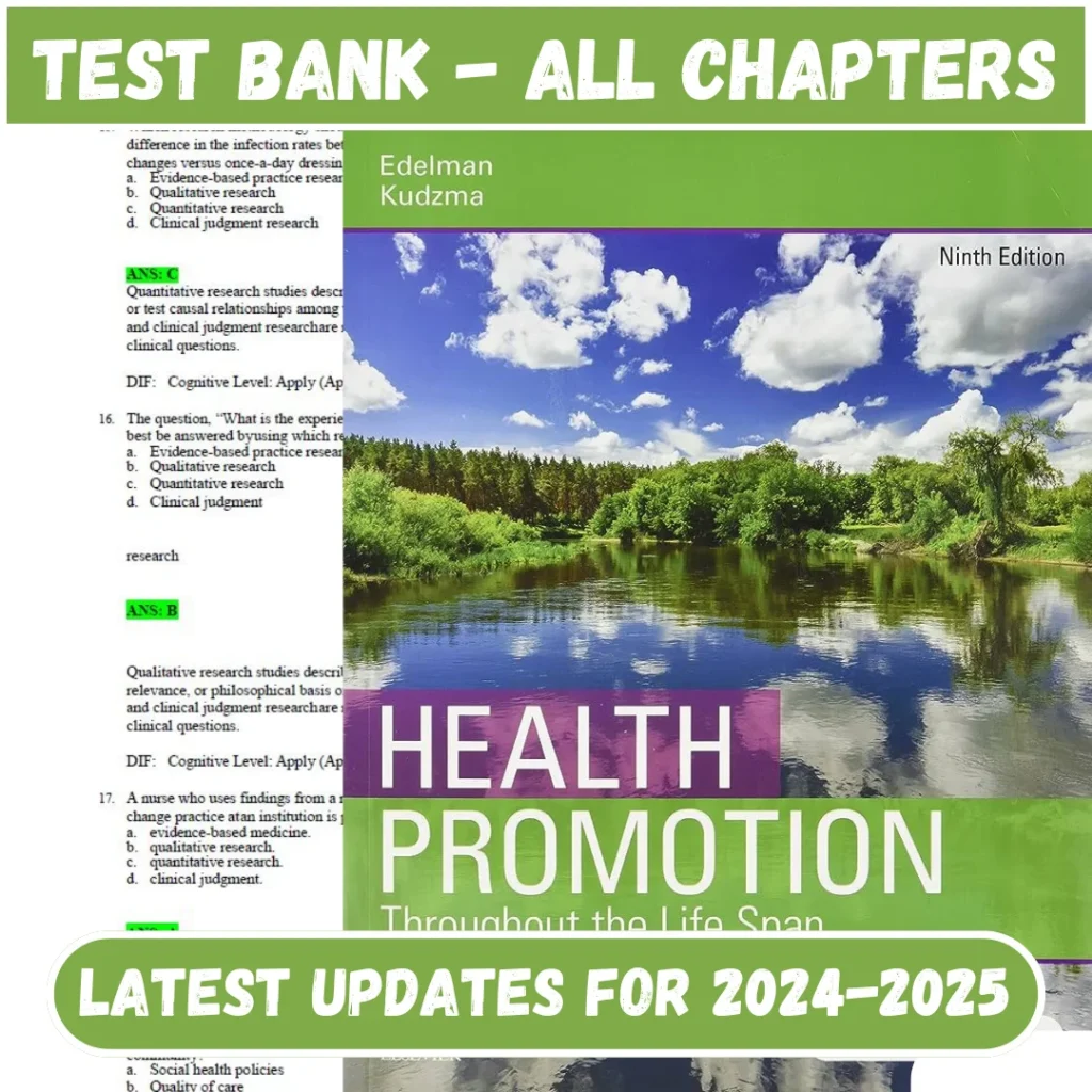 Test Bank Health Promotion Throughout the Life Span 9th Edition Edelman | All Chapters Included