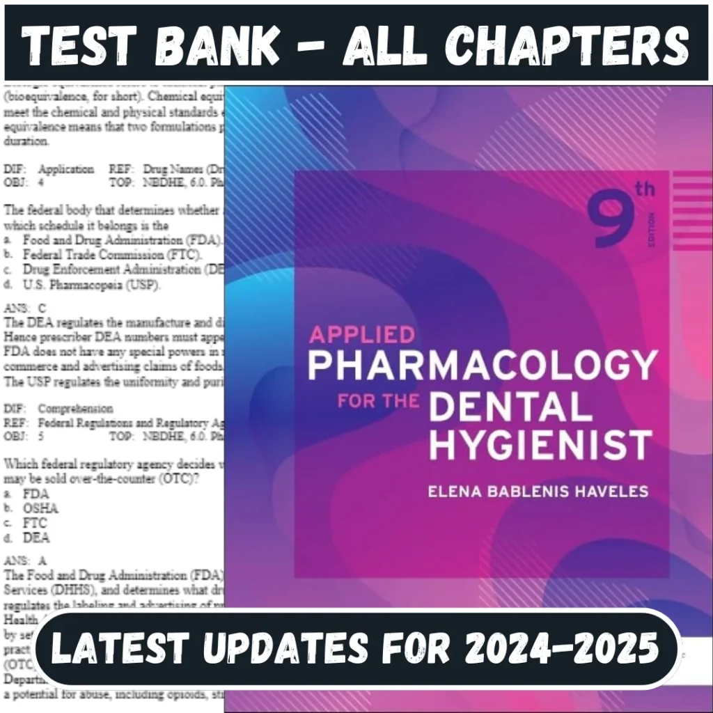 Test Bank for Applied Pharmacology for The Dental Hygienist 9th Edition by Elena Bablenis All Chapters Inc