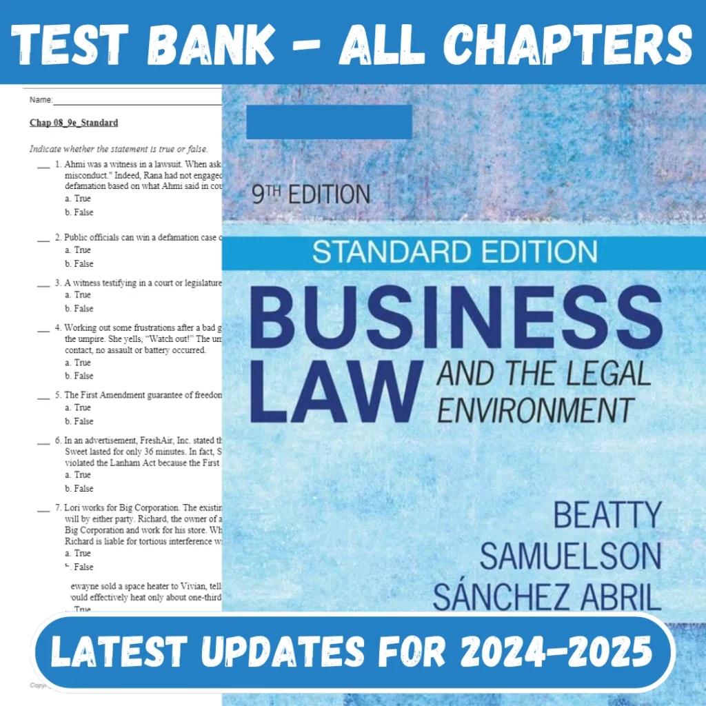 Test Bank For Business Law And The Legal Environment 9th Edition By Jeffry F. Beat