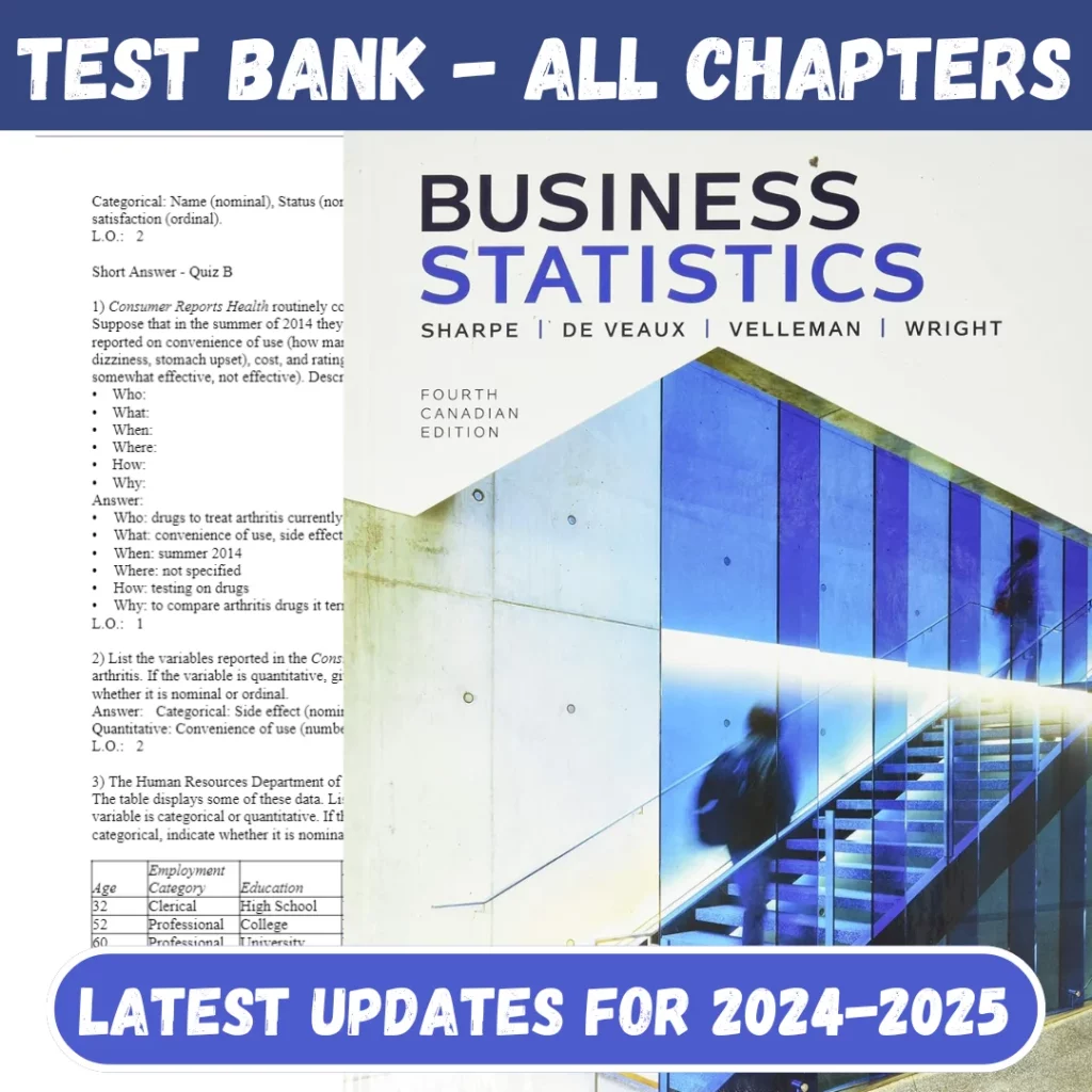 Test Bank For Business Statistics, Canadian Edition, 4th Edition by Norean R. Sharpe, Richard D. De Veaux, Paul F. Velleman