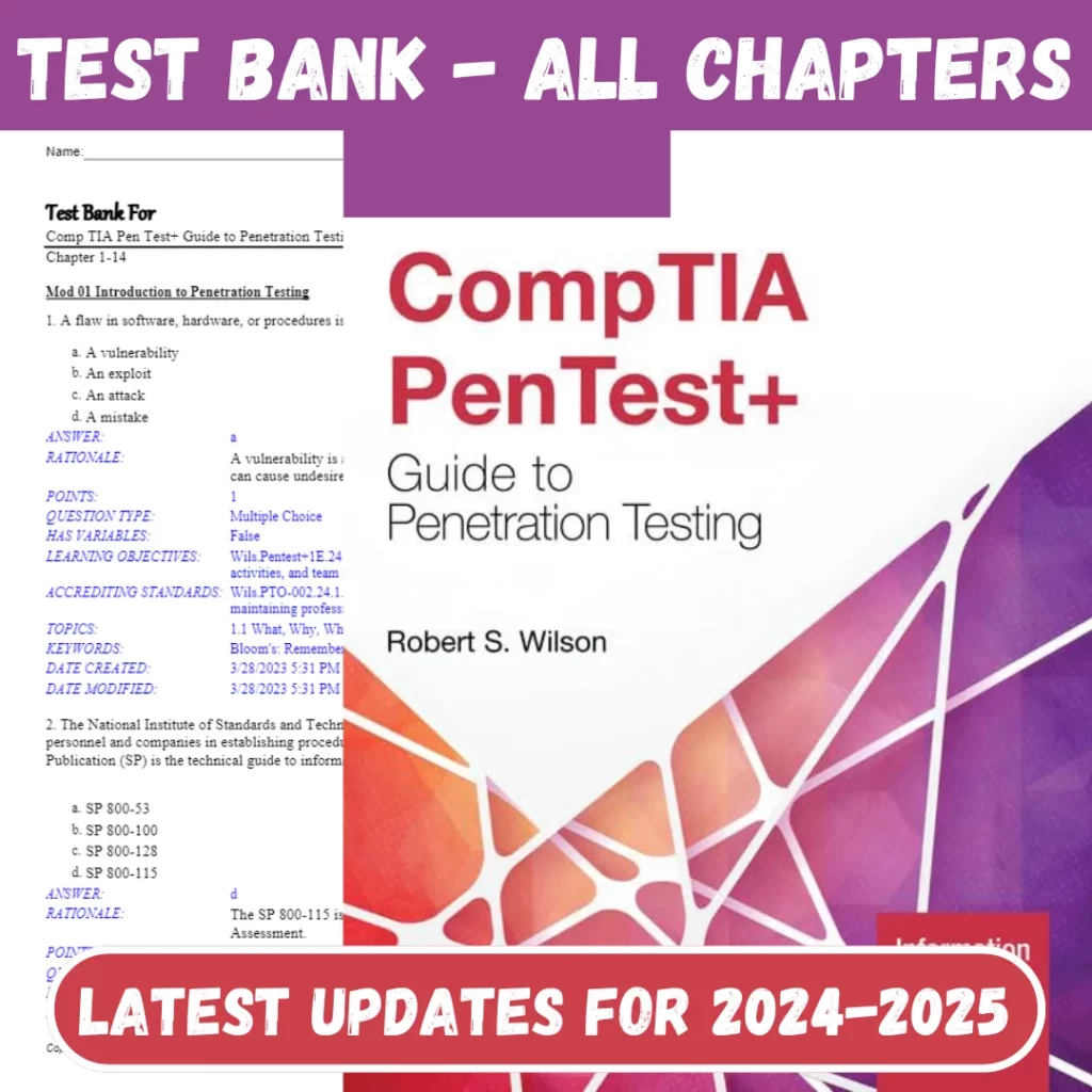 Test Bank For CompTIA PenTest+ Guide to Penetration Testing 1st Edition by Rob Wilson