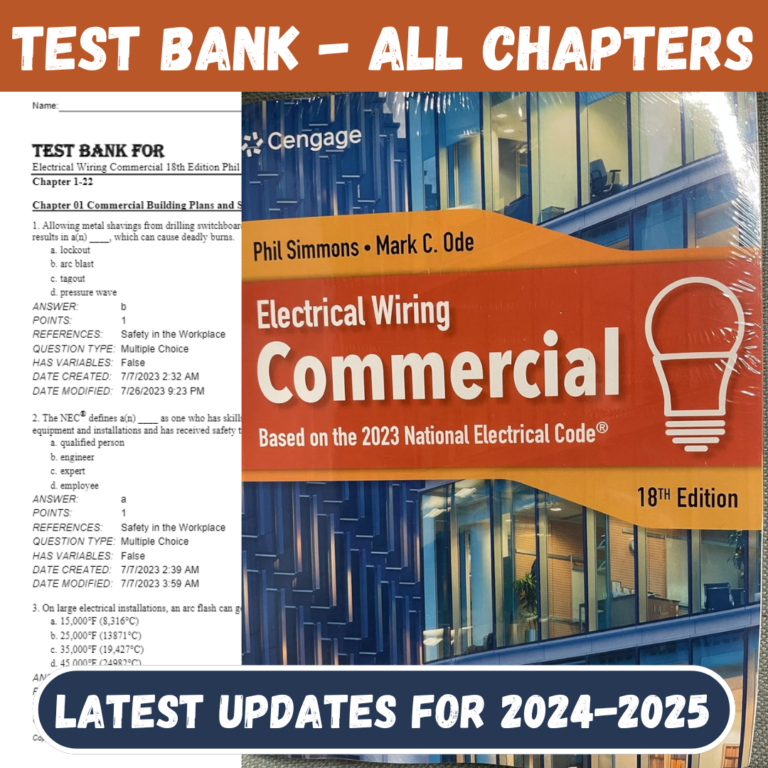 Test Bank For Electrical Wiring Commercial 18th Edition by Phil Simmons, Ray C. Mullin, Mark Ode | All Chapters Included