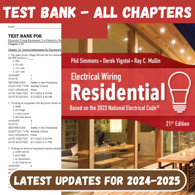 Test Bank For Electrical Wiring Residential 21st Edition by Ray C. Mullin, Phil Simmons, Derek