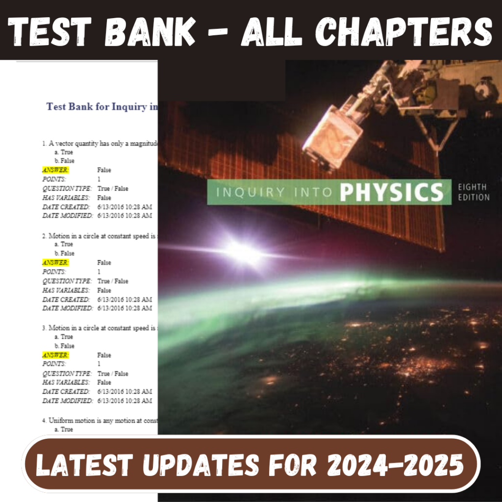 Test Bank For Inquiry into Physics 8th Edition by Ostdiek All Chapters Included