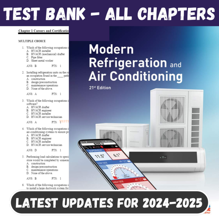 Test Bank For Modern Refrigeration and Air Conditioning, 21st Edition by Althouse All Chapters Inclu