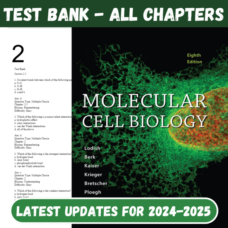 Test Bank For Molecular Cell Biology 8th Edition by Harvey Lodish, Arnold Berk, Chris A. Kaiser, Monty