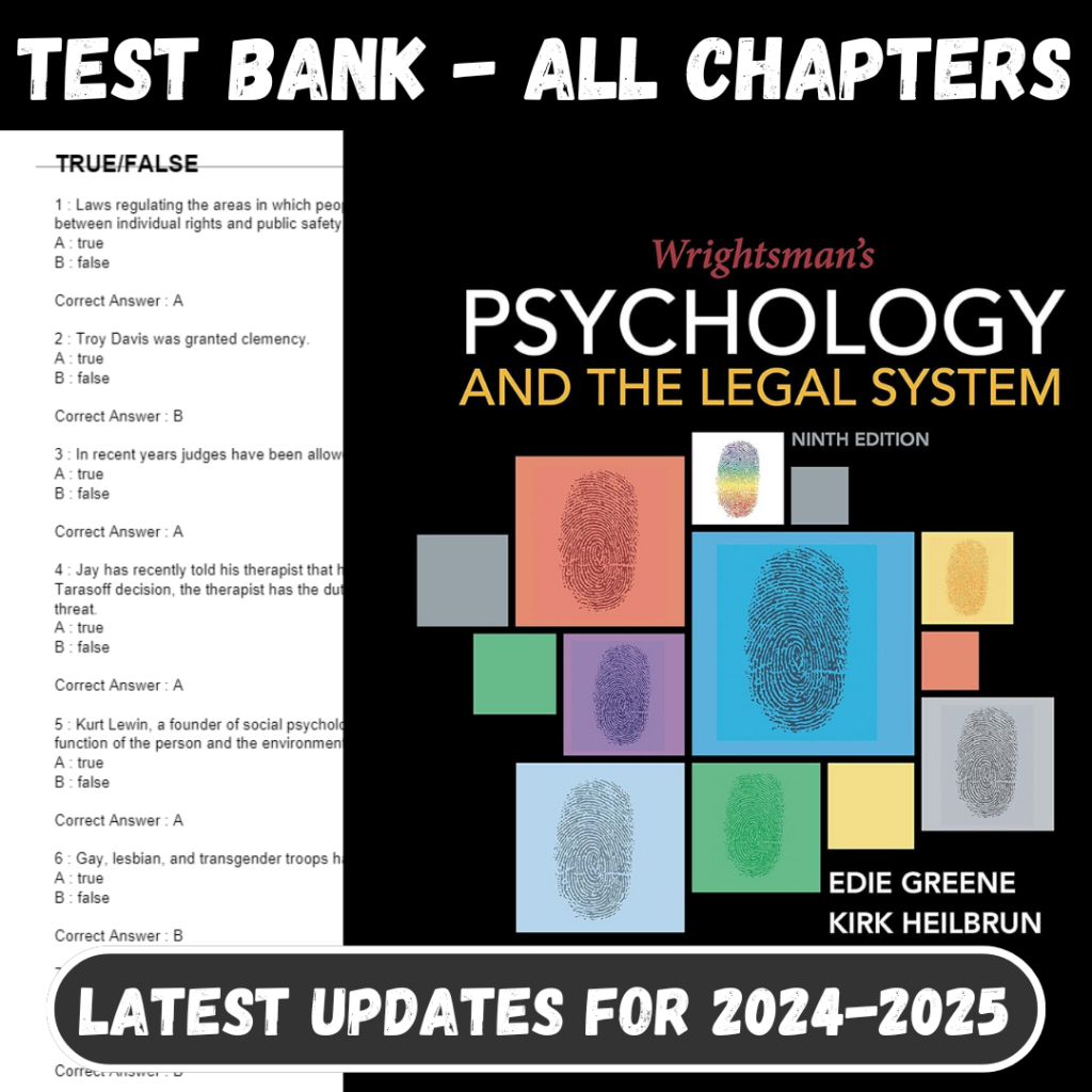 Test Bank For Wrightsman's Psychology and the Legal System, 9th Edition by Greene All Chapters Included