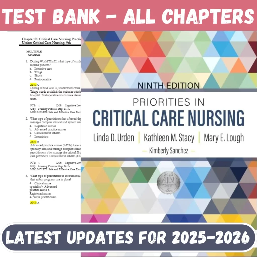 Test Bank Priorities in Critical Care Nursing, 9th Edition, Linda D