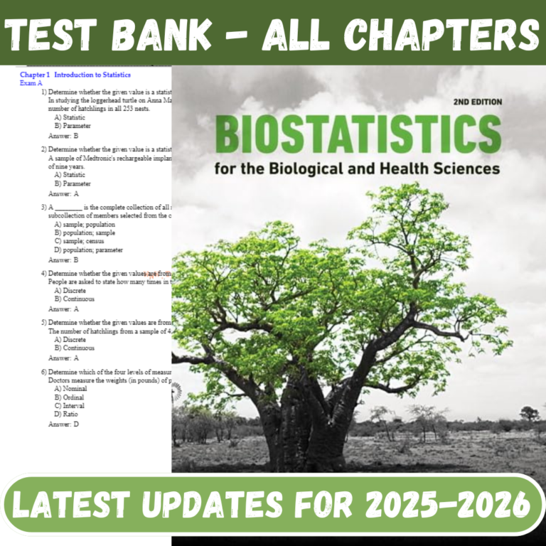 Test Bank for Biostatistics for the Biological and Health Sciences, 2nd Edition by Triola