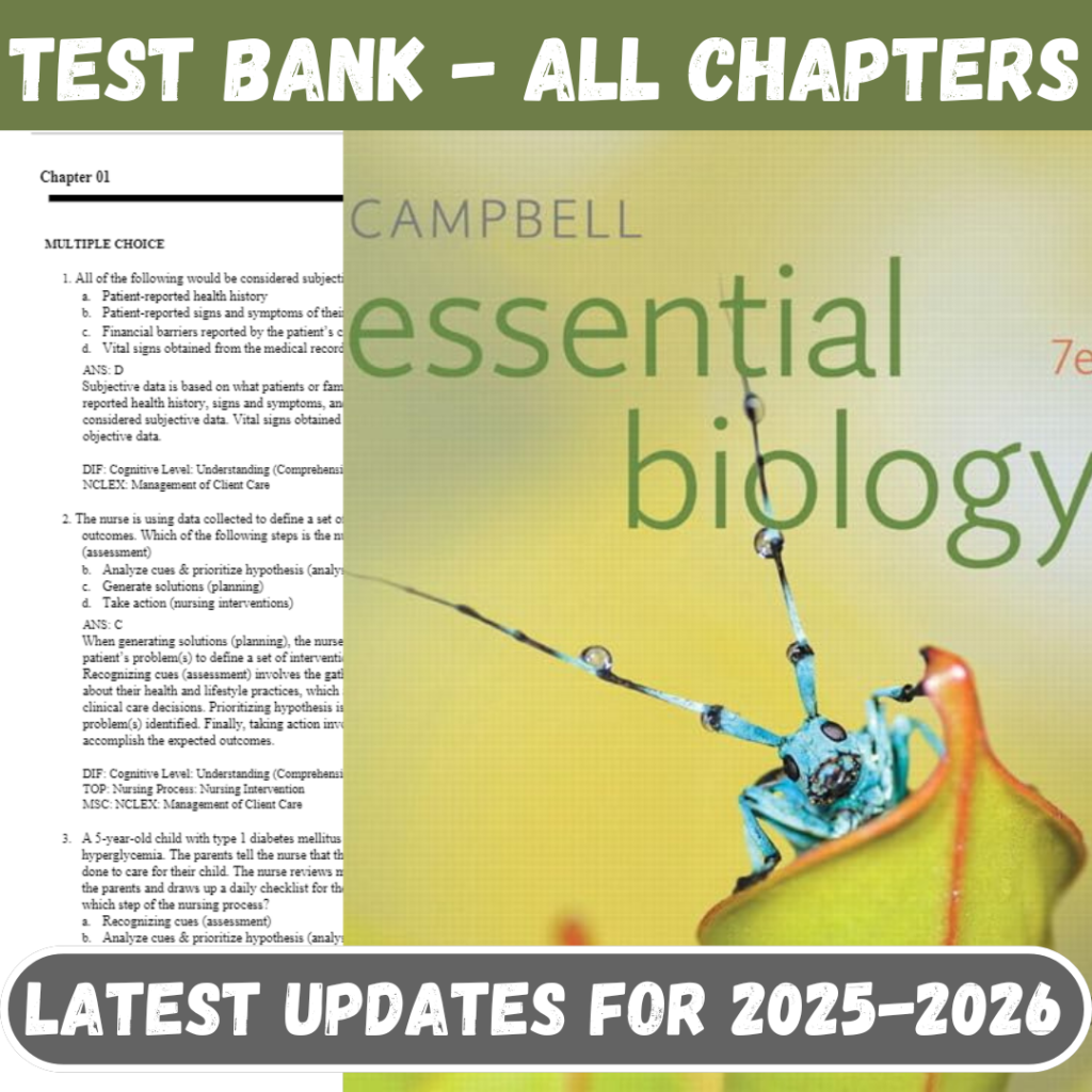 Test Bank for Campbell Essential Biology with Physiology Chapters, 7th Edition by Simon