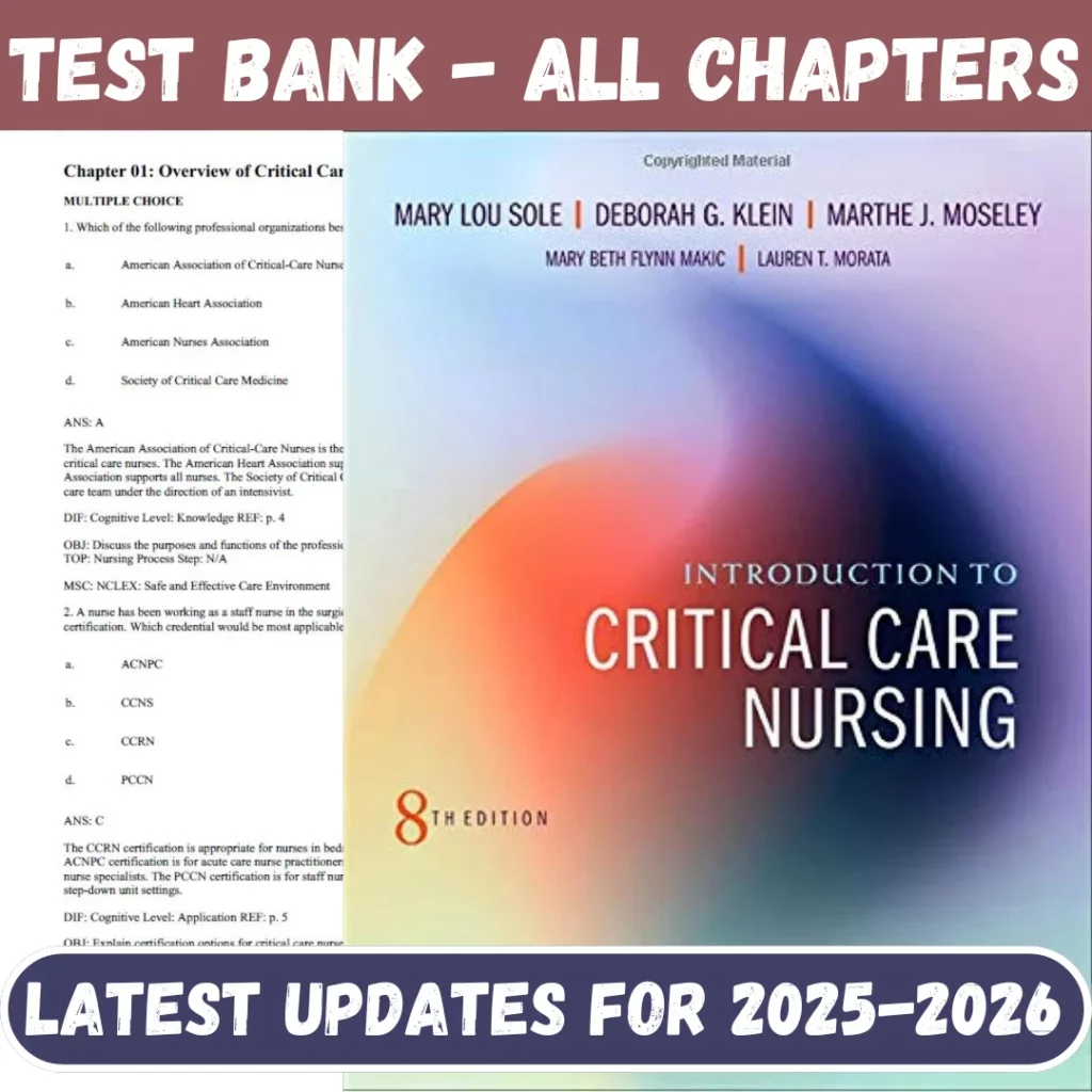 Test Bank for Introduction to Critical Care Nursing 8th Edition Mary Lou Sole