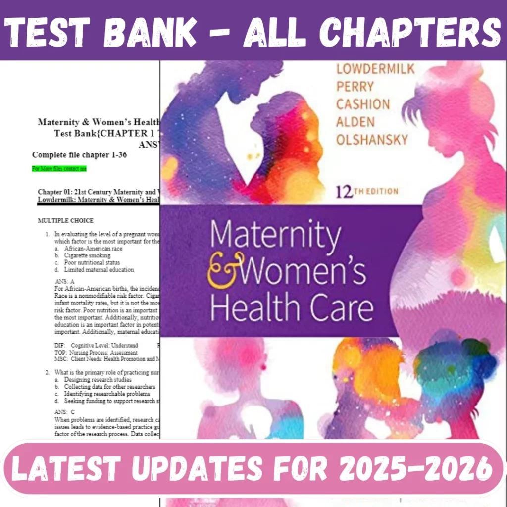 Test Bank for Maternity & Womens Health Care 12th Edition Lowdermilk