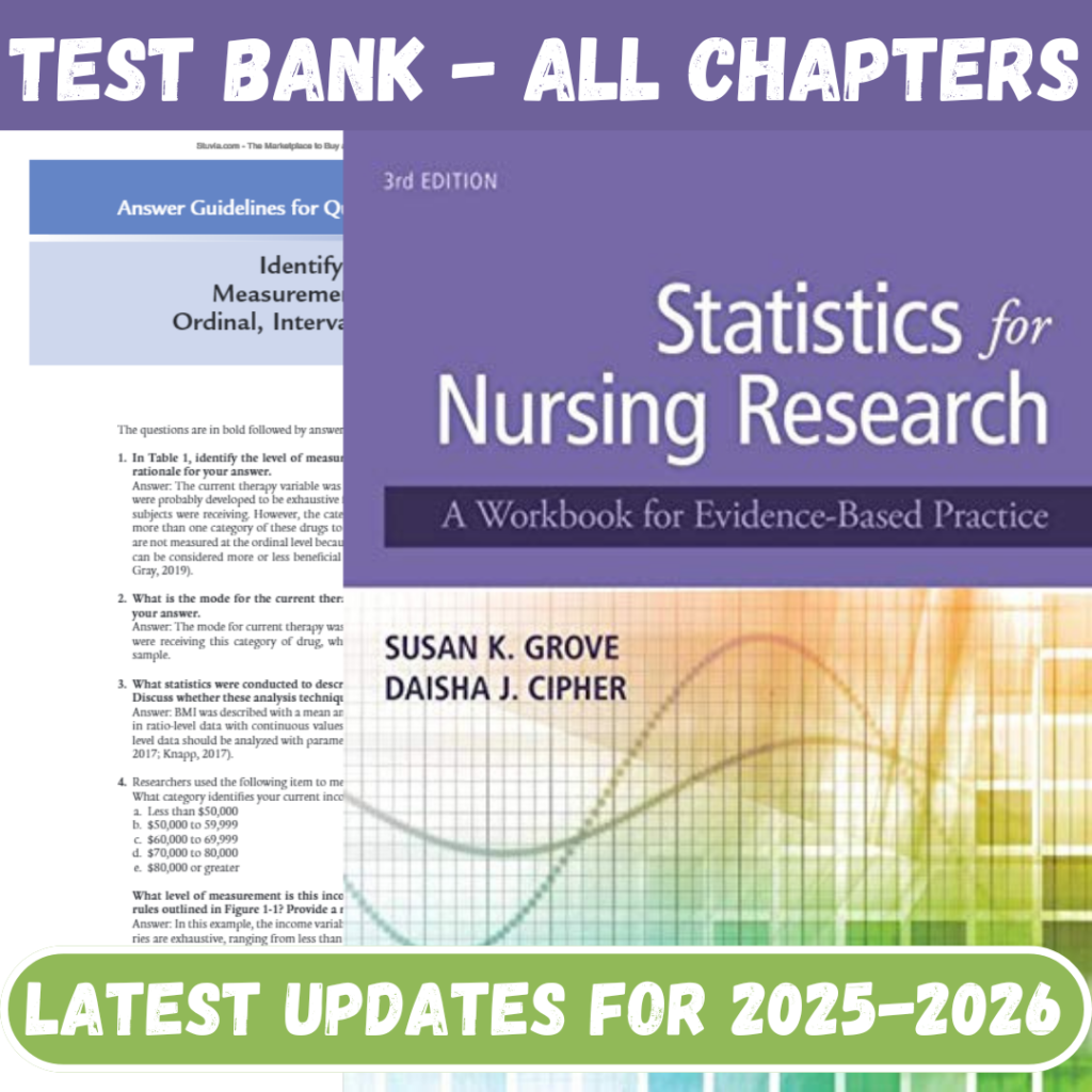 Test Bank for Statistics for Nursing Research A Workbook for Evidence-Based Practice 3rd Edition by Susan